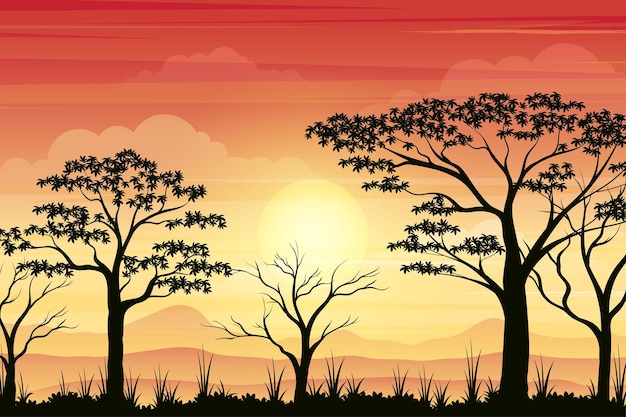 Puesta de sol en el fondo de vector de sabana africana