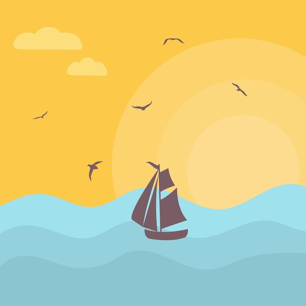 Puesta de sol en el mar con silueta de barco y gaviotas. Ilustración de vector de paisaje.