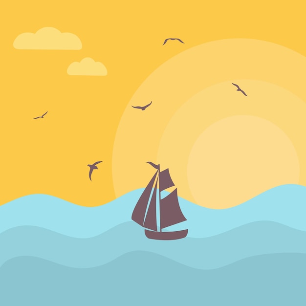 Puesta de sol en el mar con silueta de barco y gaviotas. ilustración de vector de paisaje.