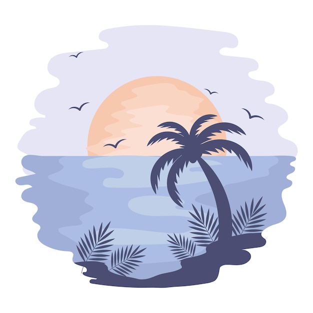 Puesta de sol en el mar tropical con palmeras y gaviotas sobre un fondo de acuarela Ilustración