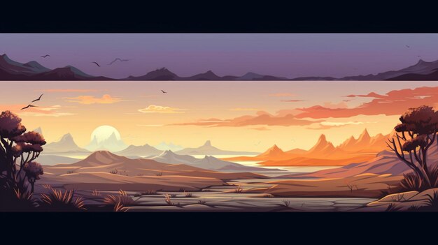 Vector una puesta de sol con montañas y un lago con una puesta de sol en el fondo