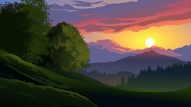 Puesta de sol en las montañas con una montaña al fondo