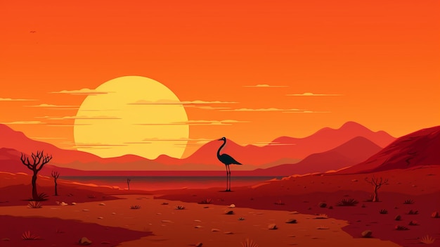 Vector una puesta de sol con montañas y un pájaro en el fondo