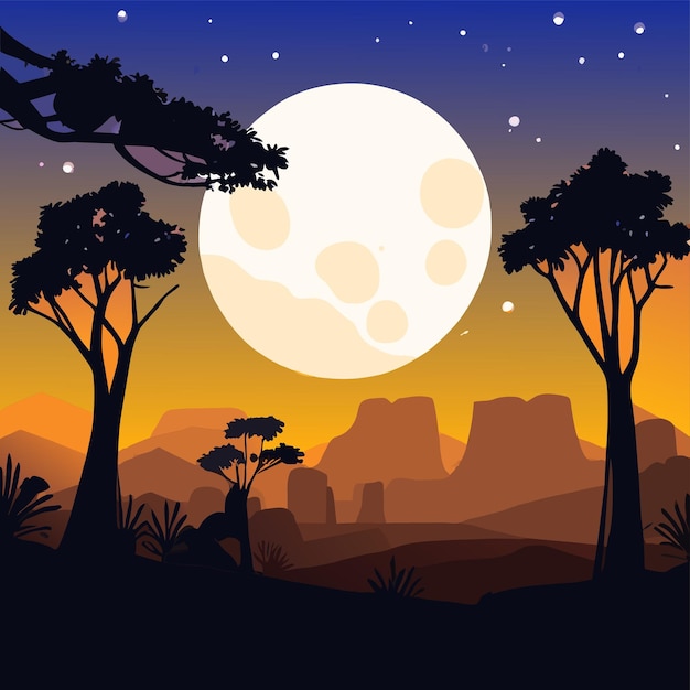 Vector la puesta de sol de la noche paisaje paisaje jungla safari bosque naturaleza dibujado a mano plano elegante