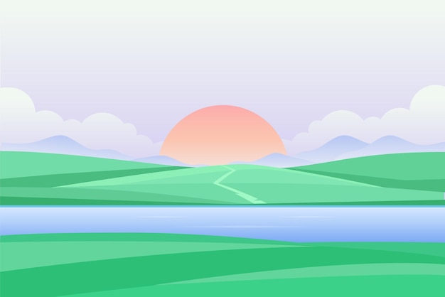 Puesta de sol o amanecer junto al río - ilustración vectorial moderna - ilustración vectorial moderna. hermosa vista con gran sol, nubes, pasto verde, campo, prado. paisaje pintoresco