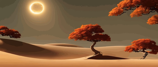 Vector puesta de sol o luna llena en otoño africano, gran árbol torcido naranja en una colina, diseño de arte de planta sola para