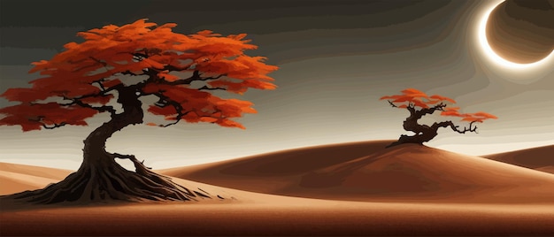 Vector puesta de sol o luna llena en otoño africano, gran árbol torcido naranja en una colina, diseño de arte de planta sola para