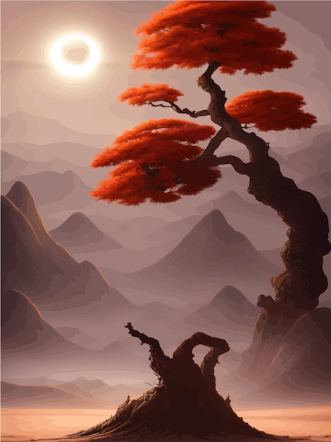 Vector puesta de sol o luna llena en otoño africano, gran árbol torcido naranja en una colina, diseño de arte de planta sola para