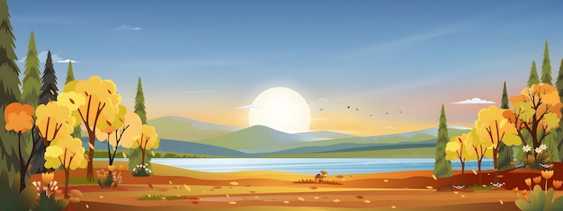La puesta de sol de otoño sobre un lago pacífico