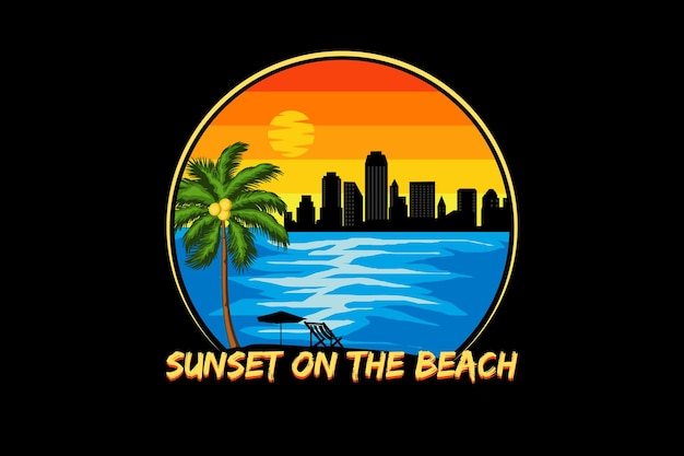 Puesta de sol en el paisaje de diseño retro de la playa