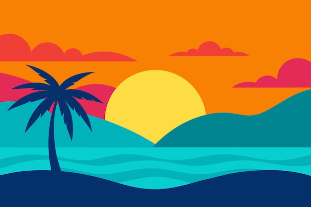 Vector una puesta de sol con una palmera y una puesta de sol en el fondo