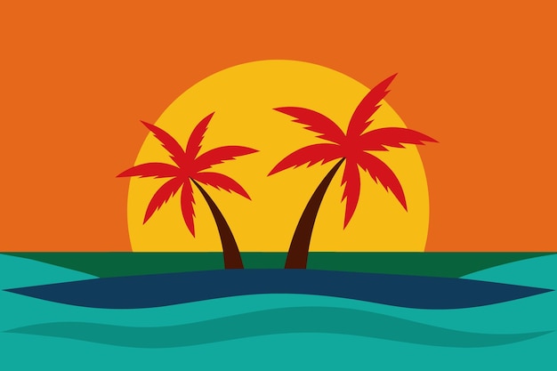 Una puesta de sol con palmeras en el agua y una puesta de sol en el fondo