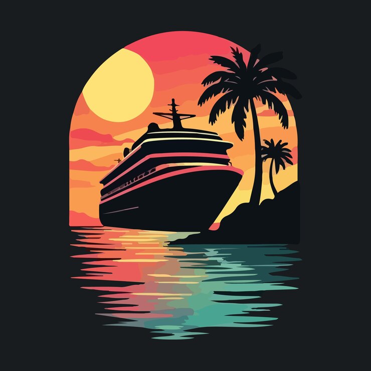 una puesta de sol con palmeras y un crucero en el fondo