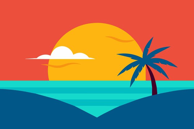 una puesta de sol con palmeras en el horizonte