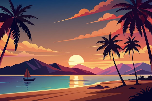 Vector una puesta de sol con palmeras en la playa
