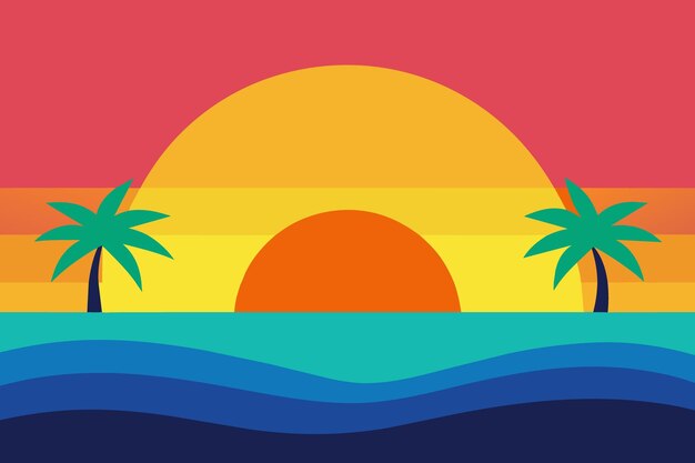 una puesta de sol con palmeras en la playa