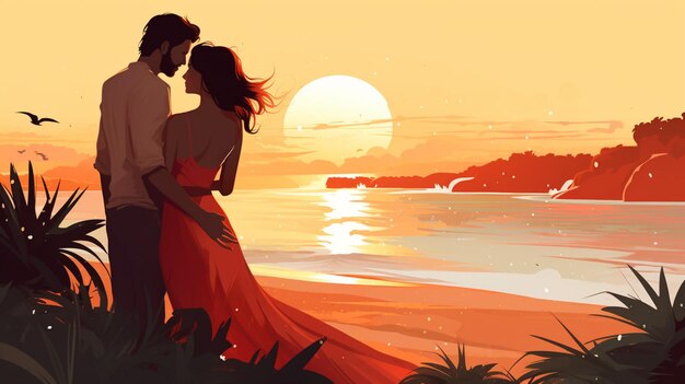 Vector una puesta de sol con una pareja enamorada