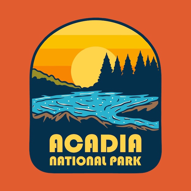 Vector la puesta de sol en el parque nacional de acadia el logotipo de la insignia diseño ilustración vectorial