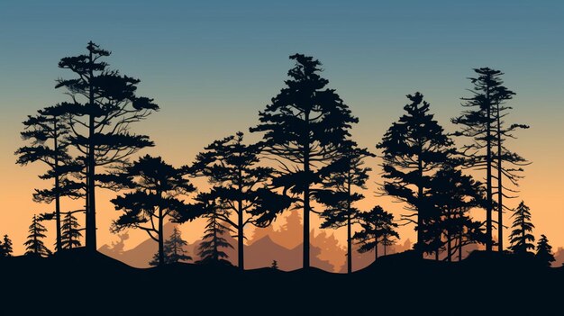 una puesta de sol con pinos en primer plano y una cordillera en el fondo