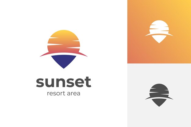 puesta de sol en la playa diseño de icono de logotipo con pin y sol elementos de idea gráfica diseño de ilustración vectorial