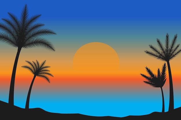 Puesta de sol en la playa con palmeras y una puesta de sol tropical Verano Puesta de sol escena vector fondo