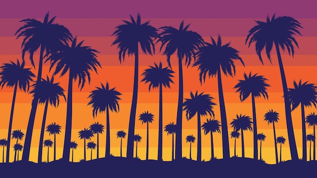 Puesta de sol de playa retro noche california palmeras paraíso tropical con ilustración de vector de fondo de cielo de rayas de color