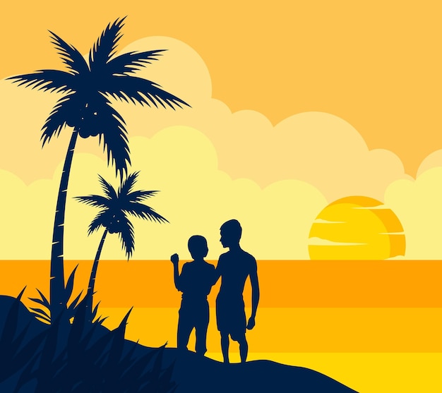 Puesta de sol en la playa verano pareja ilustración vector