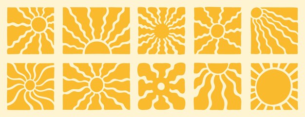 puesta de sol retro groovy amarillo vector ondulado geometría sol 60s 70s estilo vintage fondo abstracto en estilo hippie para logotipo impresión póster redes sociales