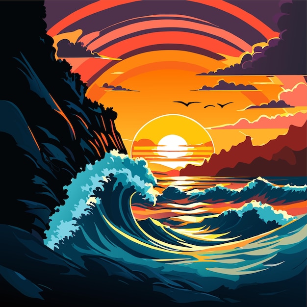 Vector puesta de sol sobre majestuosos acantilados costeros olas rompiendo ilustración vectorial