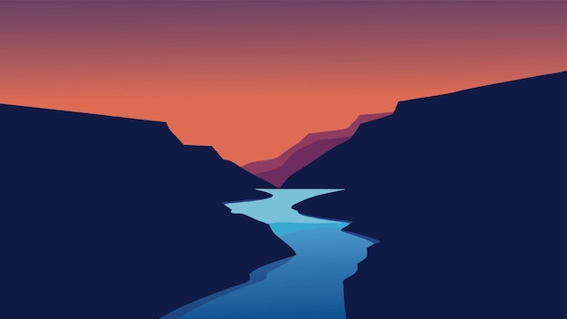 La puesta de sol sobre un río y una cascada en Islandia ilustración vectorial plana
