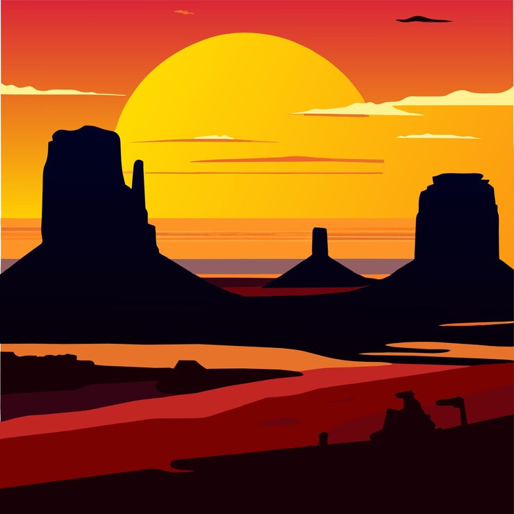 Vector puesta de sol sobre las siluetas del valle del monumento majestuosamente erosionada ilustración vectorial de piedra arenisca