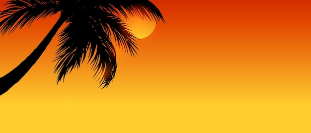 Puesta de sol soleada en la orilla del mar con silueta de palmeraBanner de playa de veranocartelDiseño minimalista