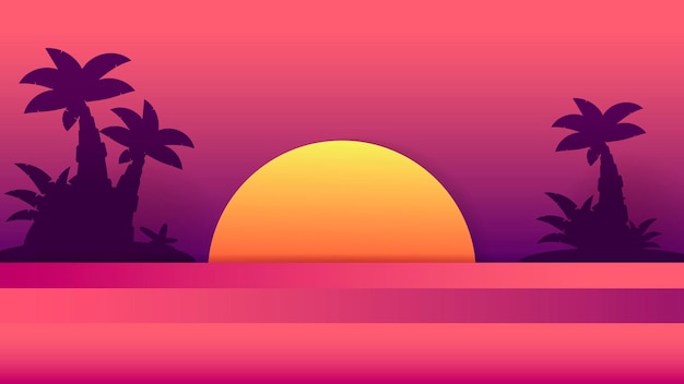 Puesta de sol tropical. Ilustración de verano. Vector del logotipo de la puesta del sol. Diseño de fondo. Diseño de playa de verano palmera tropical, fondo de playa.