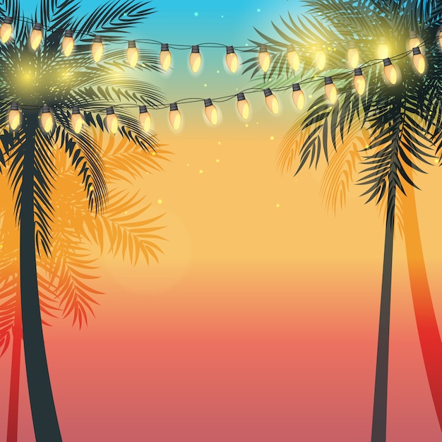 Vector puesta de sol de vacaciones de verano con hojas de palmera y bombillas de lámpara amarilla garland. ilustración
