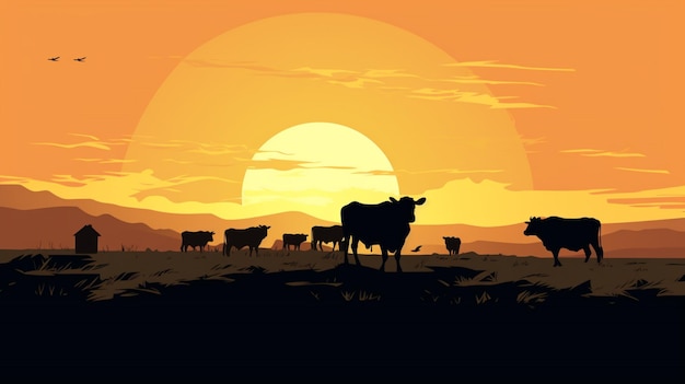 Vector una puesta de sol con vacas y un sol en el fondo