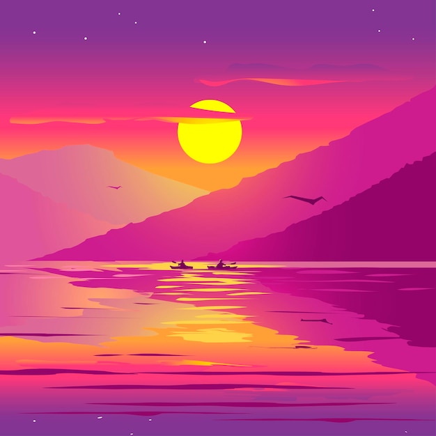 Puesta de sol de verano en un lago colores de fondo púrpura