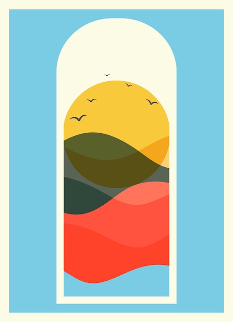 Vector la puesta de sol en la vista del mar arte minimalista boho estética ilustración de dibujos animados