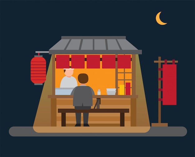 Puesto de comida japonesa, vendedor ambulante en la noche ilustración plana