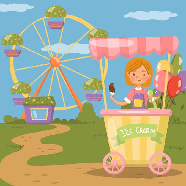 Puesto de helados, ilustración del concepto de parque de atracciones