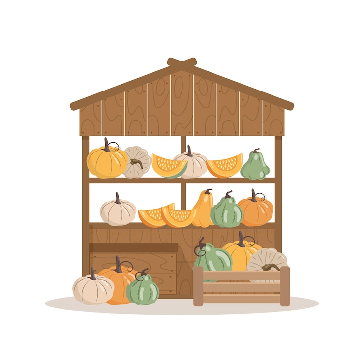 Vector un puesto de madera en el mercado con diferentes calabazas y piezas de calabazas.