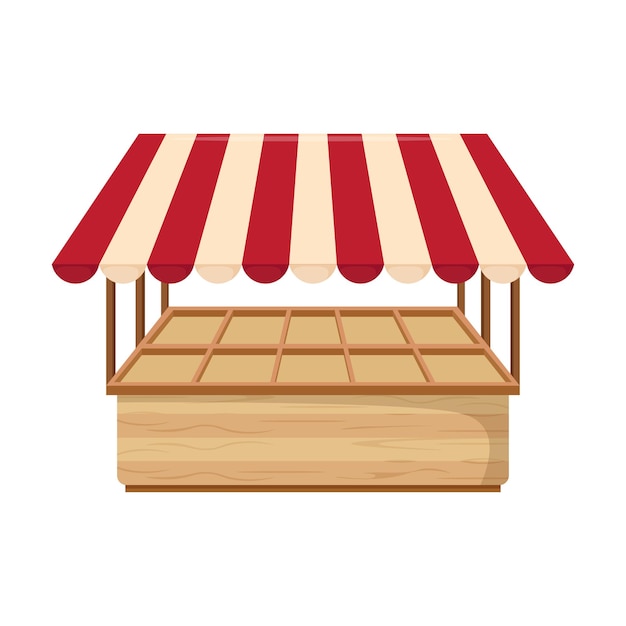 puesto de madera para la venta con un techo rojo y blanco