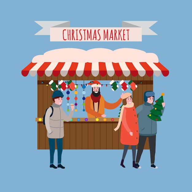 Puesto de Navidad con tienda de souvenirs y regalos con decoraciones de guirnaldas