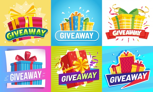 Puesto de regalo. Regale obsequios, recompensa del ganador y sorteo de premios conjunto de ilustración de publicaciones de redes sociales