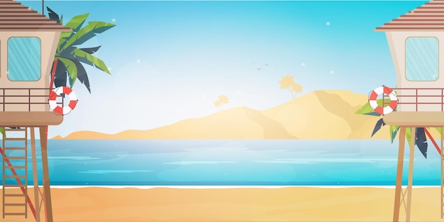 Puesto de rescate en la playa playa palmeras salvavidas estilo de dibujos animados ilustración vectorial