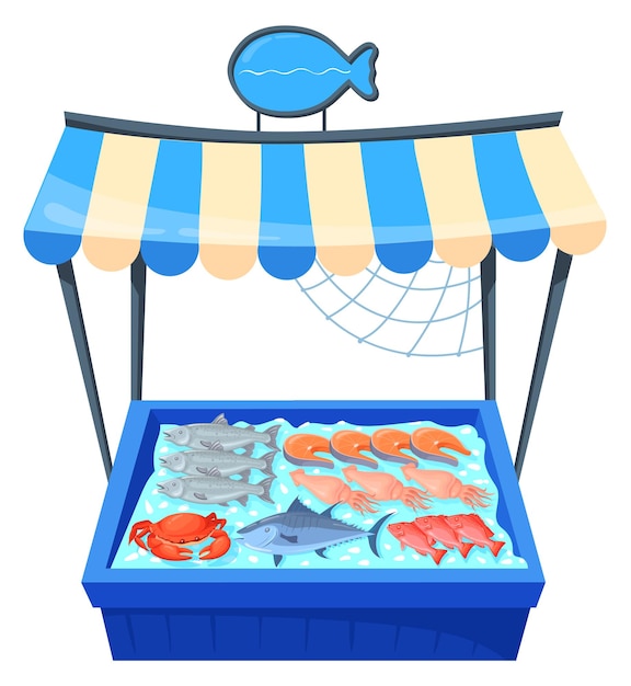 Vector puesto de tienda de pescado puesto de mercado de comestibles de dibujos animados