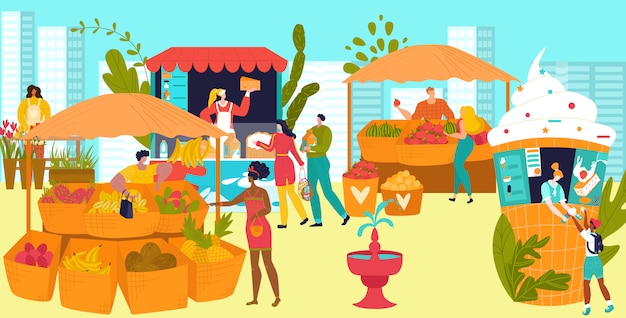 Puestos de mercado con los agricultores que venden verduras y frutas, festival de comida en la calle ilustración plana. La gente vende comida en quioscos, tiendas.
