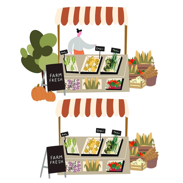 puestos de mercado de alimentos con frutas verduras pescado y carne personajes planos y tiendas de mercado
