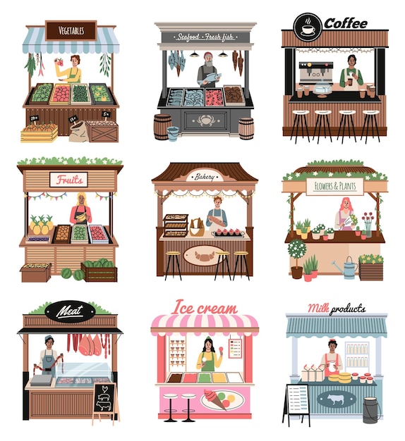 puestos de mercado de la calle con productos vendedores divertidos verduras y frutas carne leche y helado café y flores panadería y mariscos varios alimentos ordenado conjunto de dibujos animados vectoriales