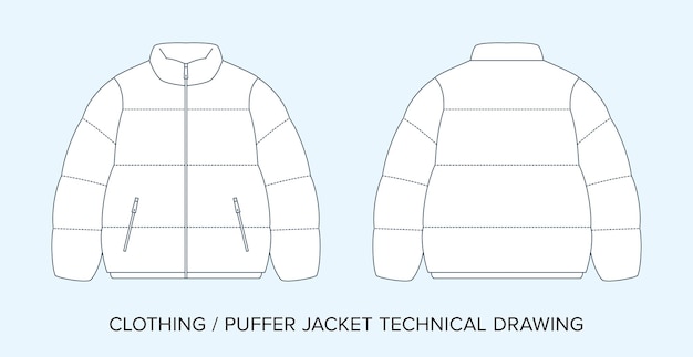 Vector puffer jacket dibujo técnico plan de ropa para diseñadores de moda