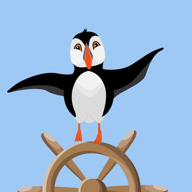 Vector puffin se sienta en el volante del barco.